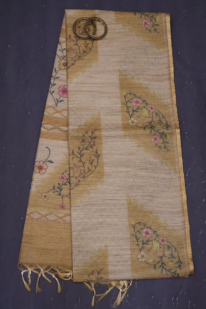 Jute Tussar Saree-Mustard Sparrow Floral Pattern