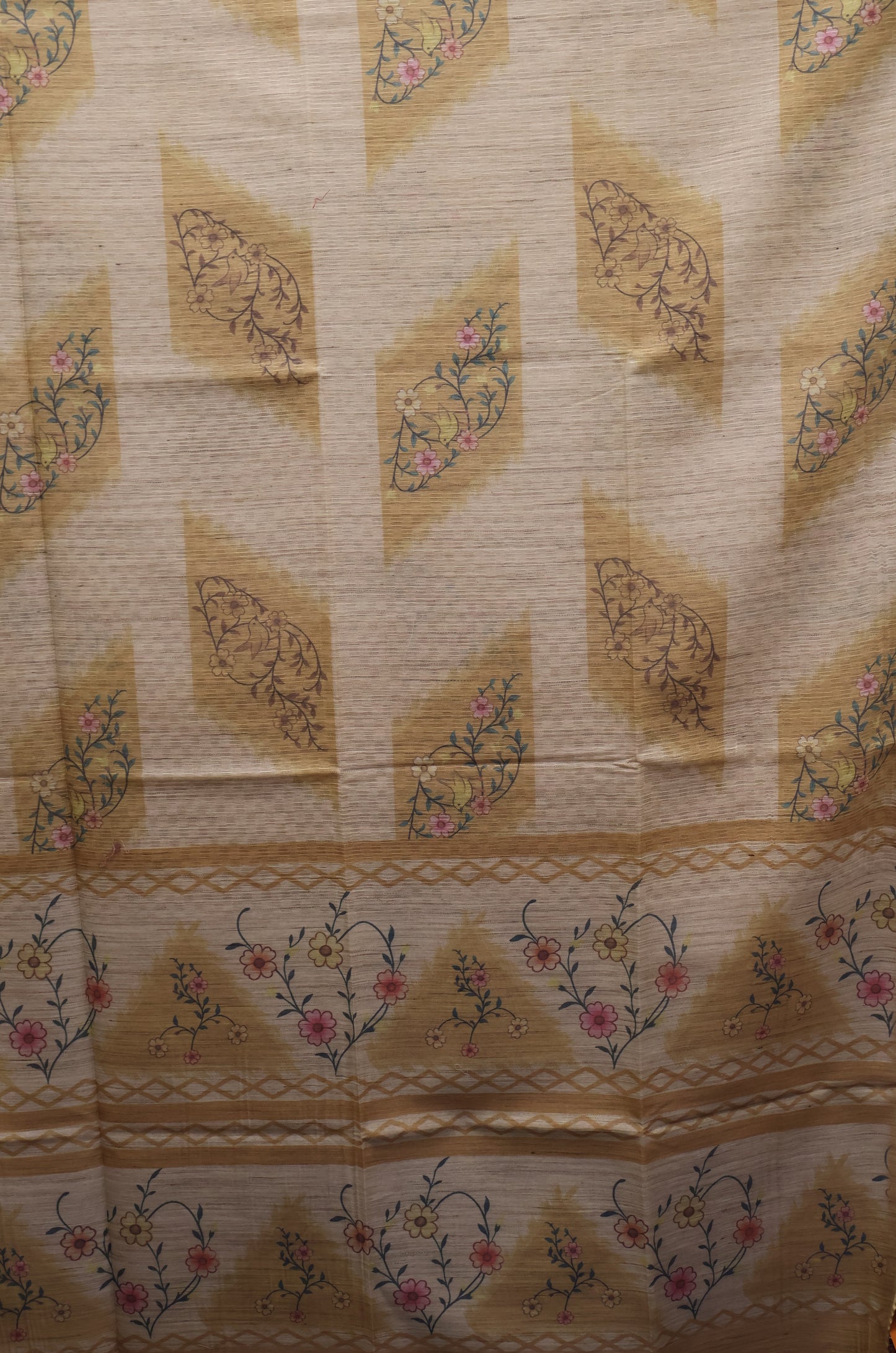 Jute Tussar Saree-Mustard Sparrow Floral Pattern