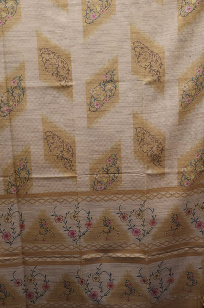 Jute Tussar Saree-Mustard Sparrow Floral Pattern