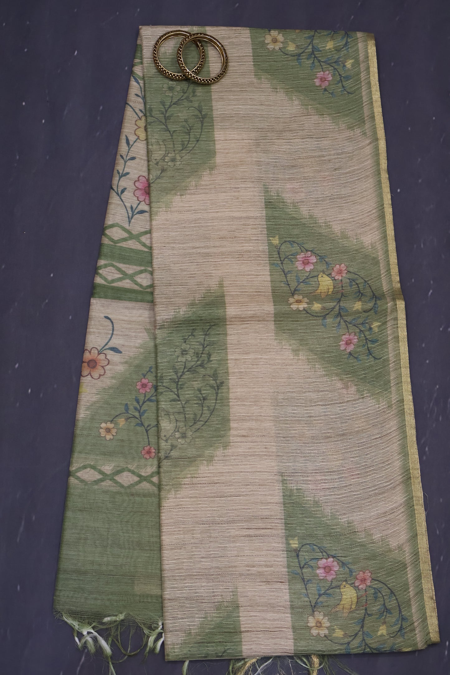 Jute Tussar Saree-Green Sparrow Floral Pattern