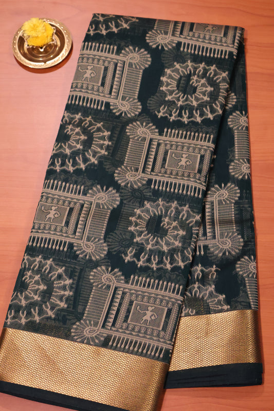 Kora Silk Cotton Saree - Bottle Green Frame Warli