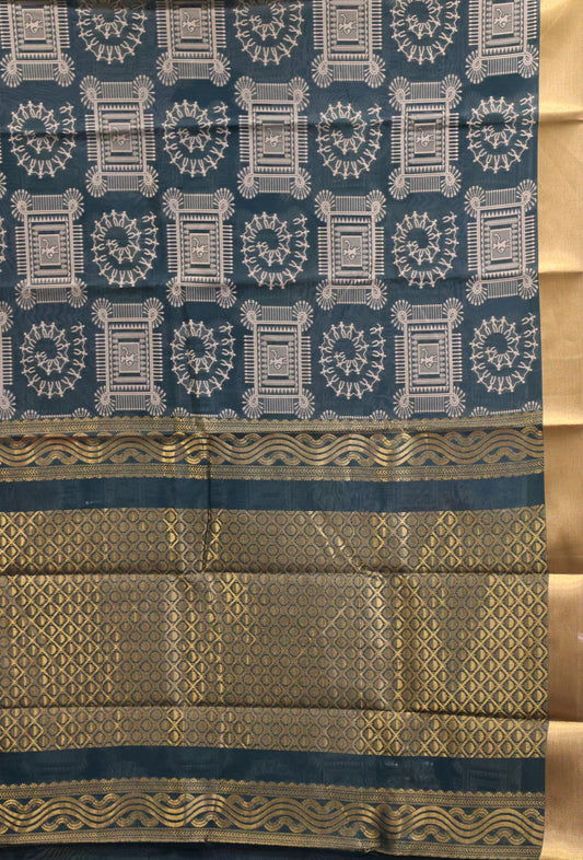 Kora Silk Cotton Saree - Bottle Green Frame Warli