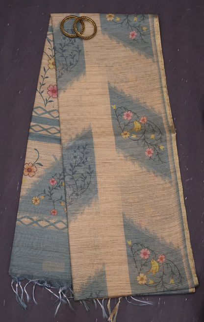 Jute Tussar Saree-Sea Blue Sparrow Floral Pattern