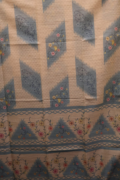 Jute Tussar Saree-Sea Blue Sparrow Floral Pattern