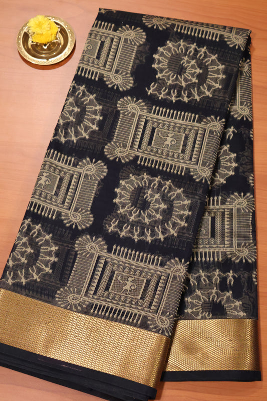 Kora Silk Cotton Saree - Black Frame Warli