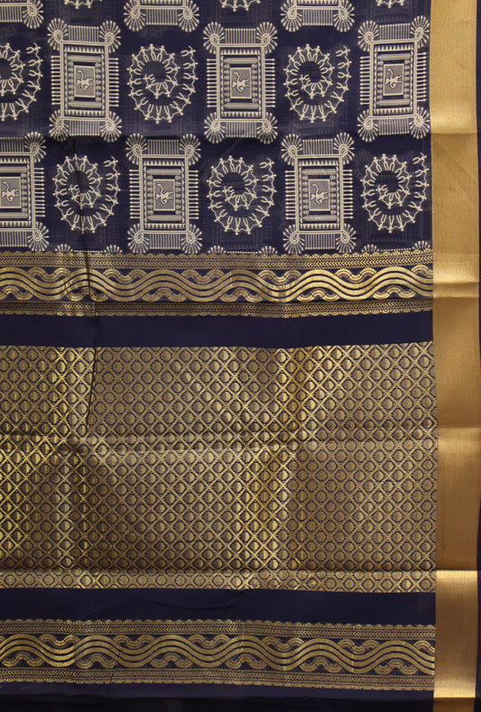 Kora Silk Cotton Saree - Black Frame Warli