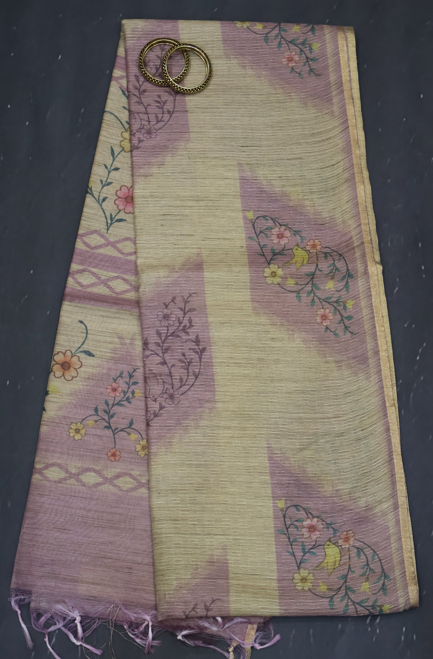 Jute Tussar Saree- Purple Sparrow Floral Pattern