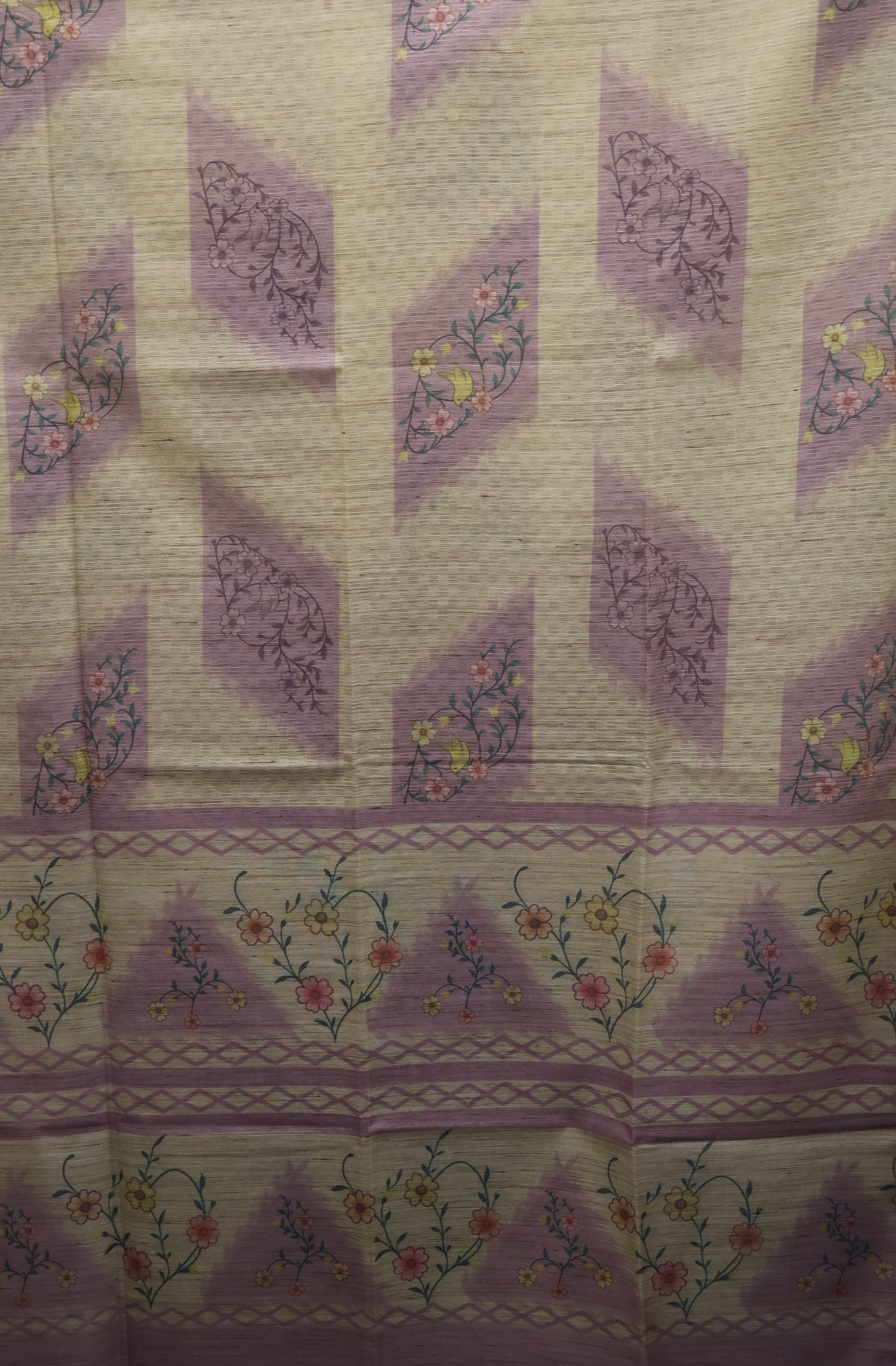 Jute Tussar Saree- Purple Sparrow Floral Pattern