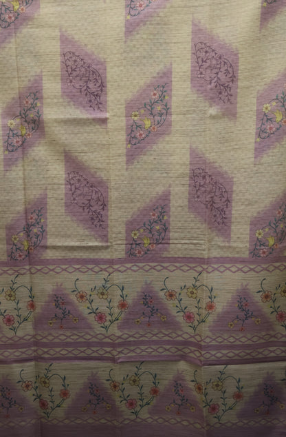 Jute Tussar Saree- Purple Sparrow Floral Pattern