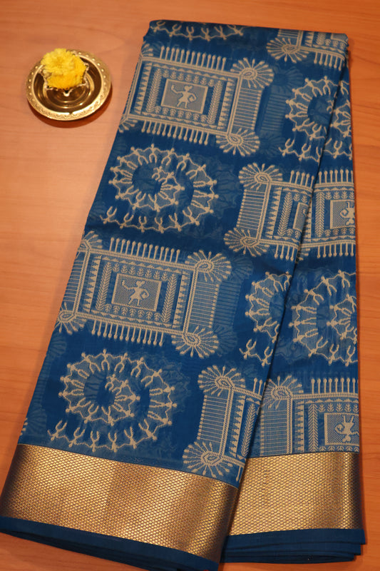 Kora Silk Cotton Saree - Blue Frame Warli