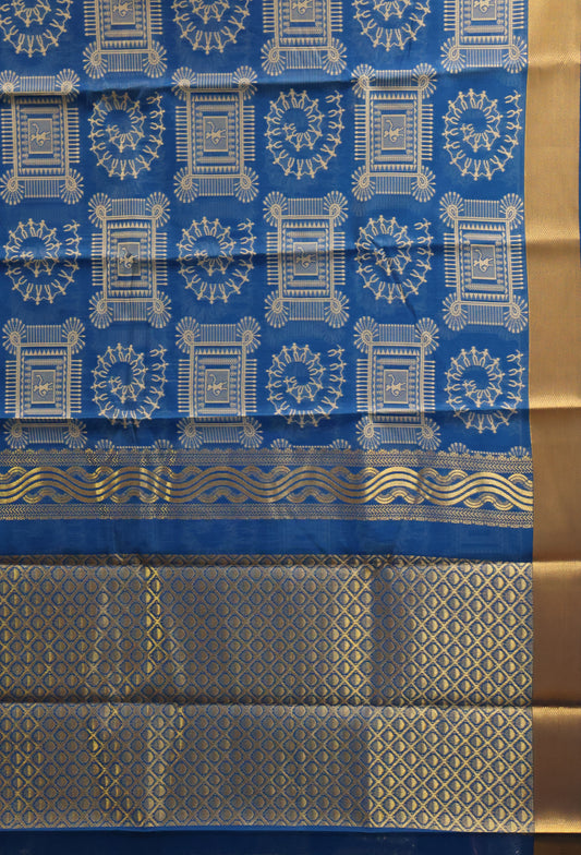 Kora Silk Cotton Saree - Blue Frame Warli