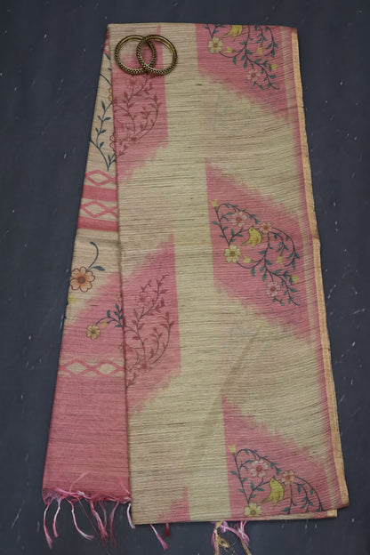 Jute Tussar Saree- Pink Sparrow Floral Pattern