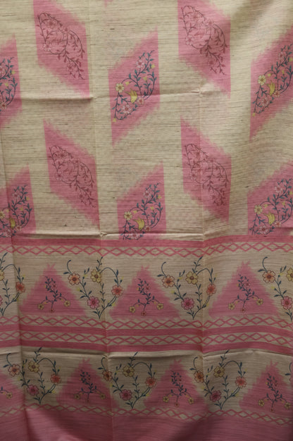 Jute Tussar Saree- Pink Sparrow Floral Pattern