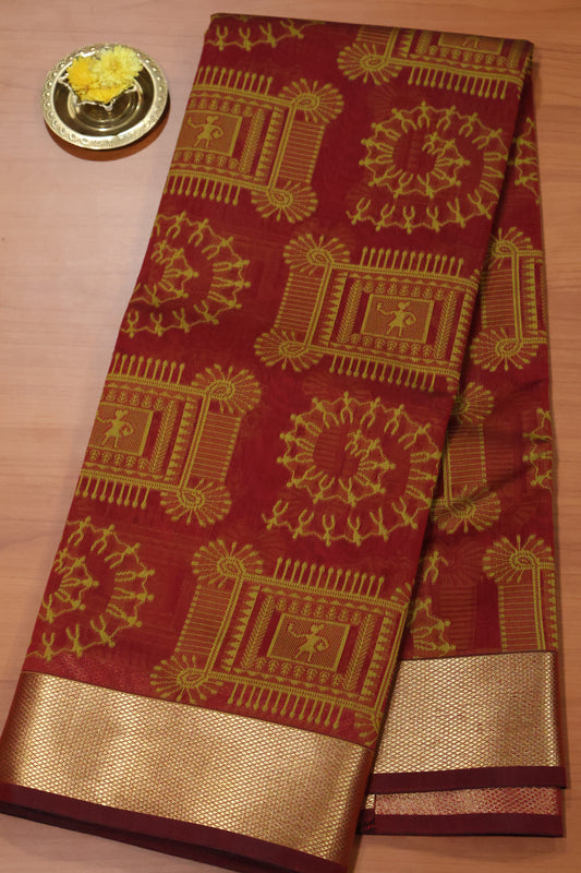 Kora Silk Cotton Saree - Maroon Frame Warli