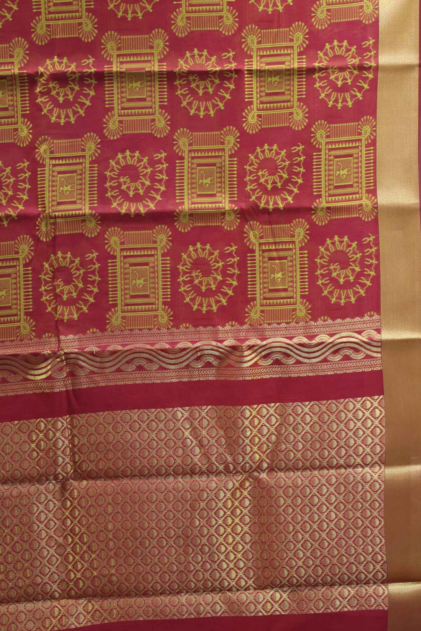Kora Silk Cotton Saree - Maroon Frame Warli