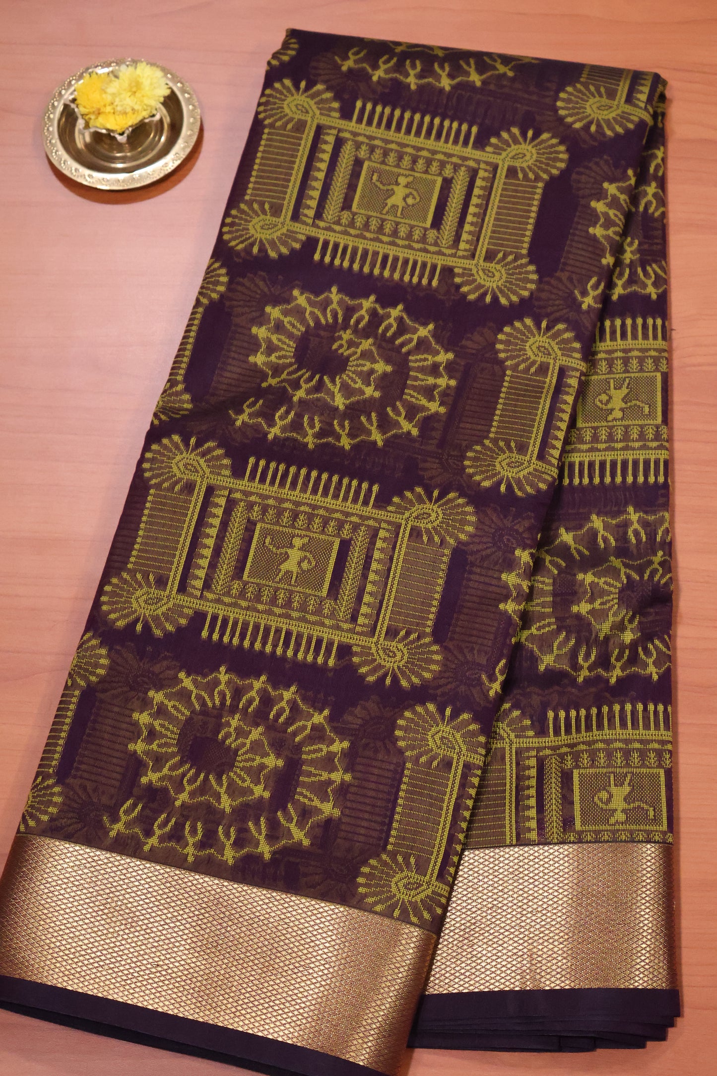 Kora Silk Cotton Saree - Wine Frame Warli