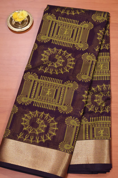 Kora Silk Cotton Saree - Wine Frame Warli