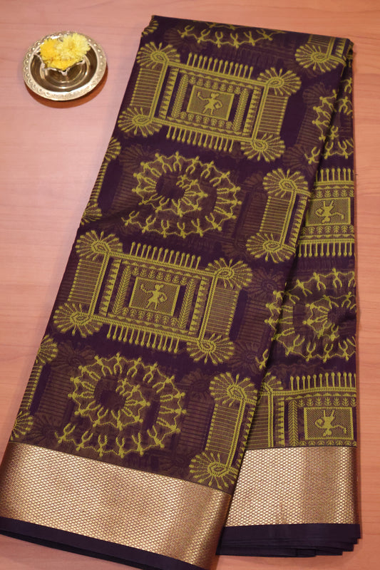 Kora Silk Cotton Saree - Wine Frame Warli