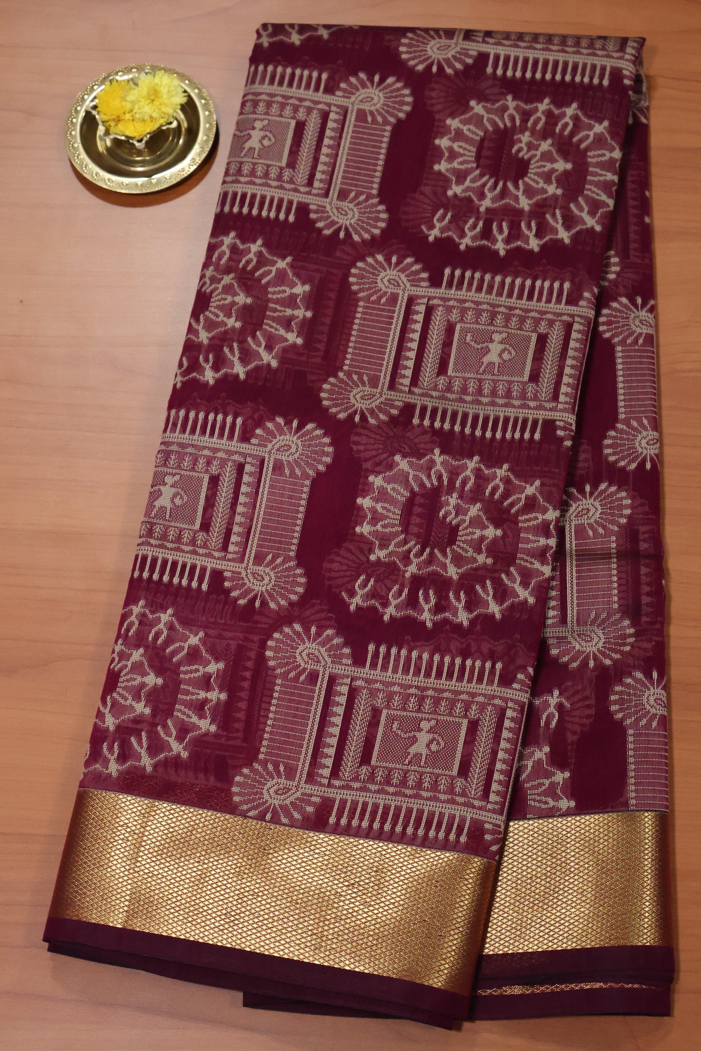 Kora Silk Cotton Saree - Purple Frame Warli