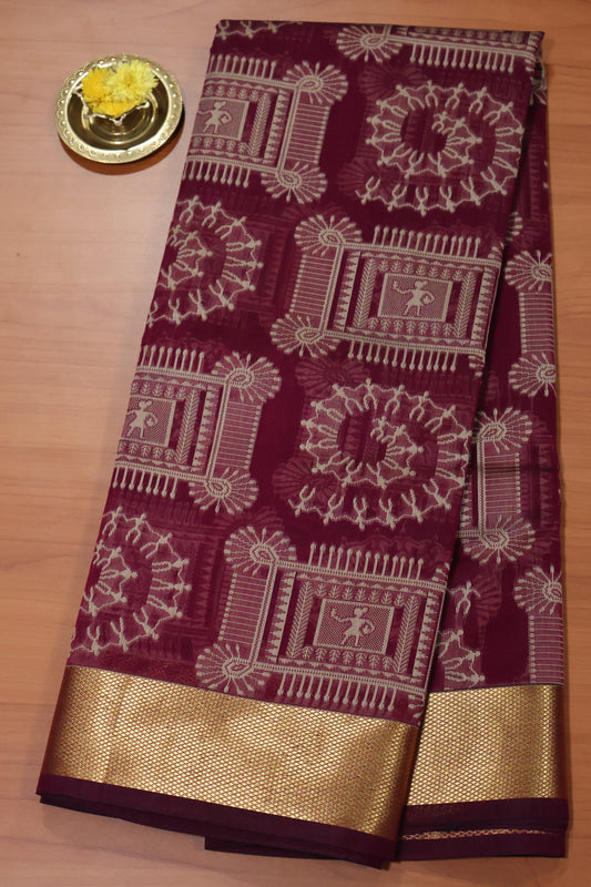 Kora Silk Cotton Saree - Purple Frame Warli