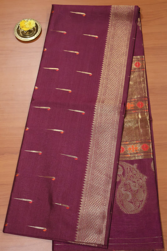 Soft Tussar Saree-Wine Paithani Design