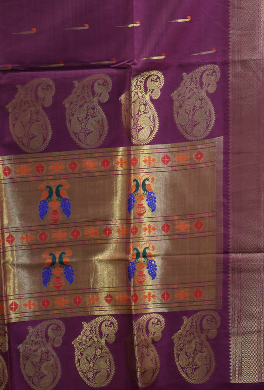Soft Tussar Saree-Wine Paithani Design