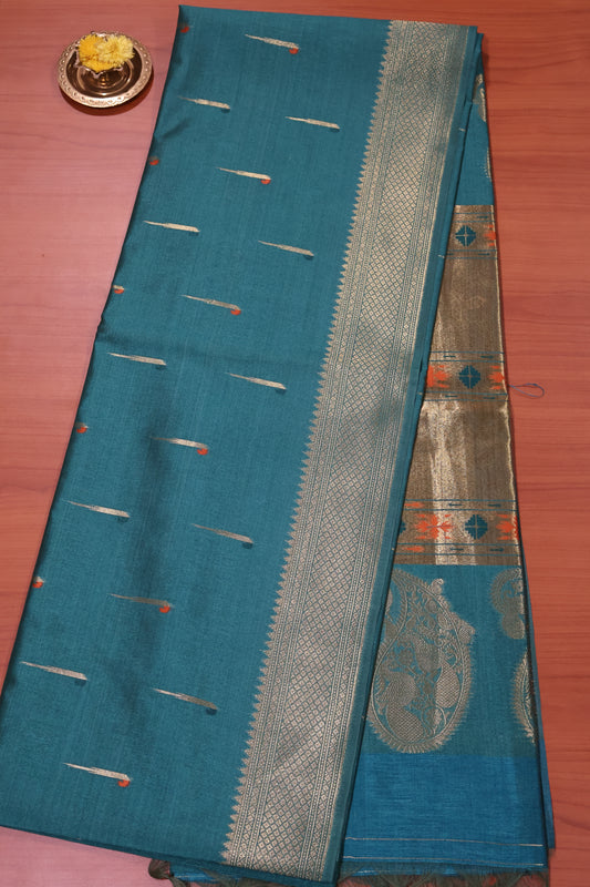 Soft Tussar Saree-Green Paithani Design