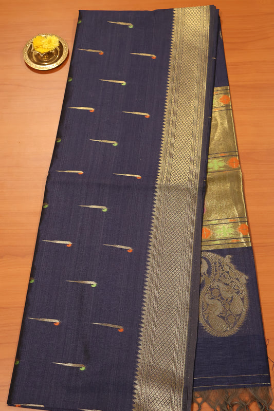 Soft Tussar Saree-Navy Blue Paithani Design