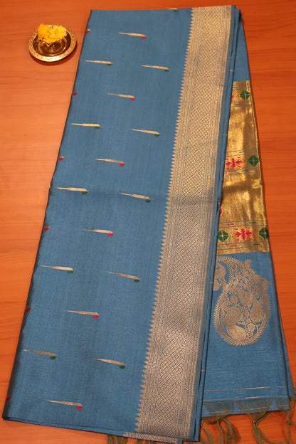 Soft Tussar Saree-Blue Paithani Design