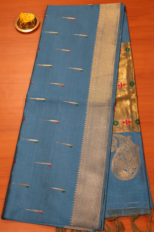 Soft Tussar Saree-Blue Paithani Design