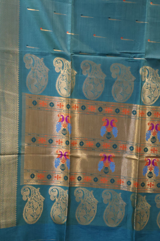 Soft Tussar Saree-Blue Paithani Design