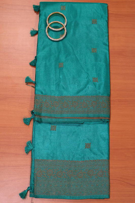 Semi Katan Silk Saree- Peacock Green Leaf Flower