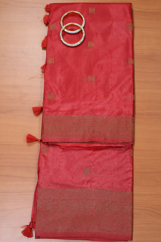 Semi Katan Silk Saree- Maroon Leaf Flower