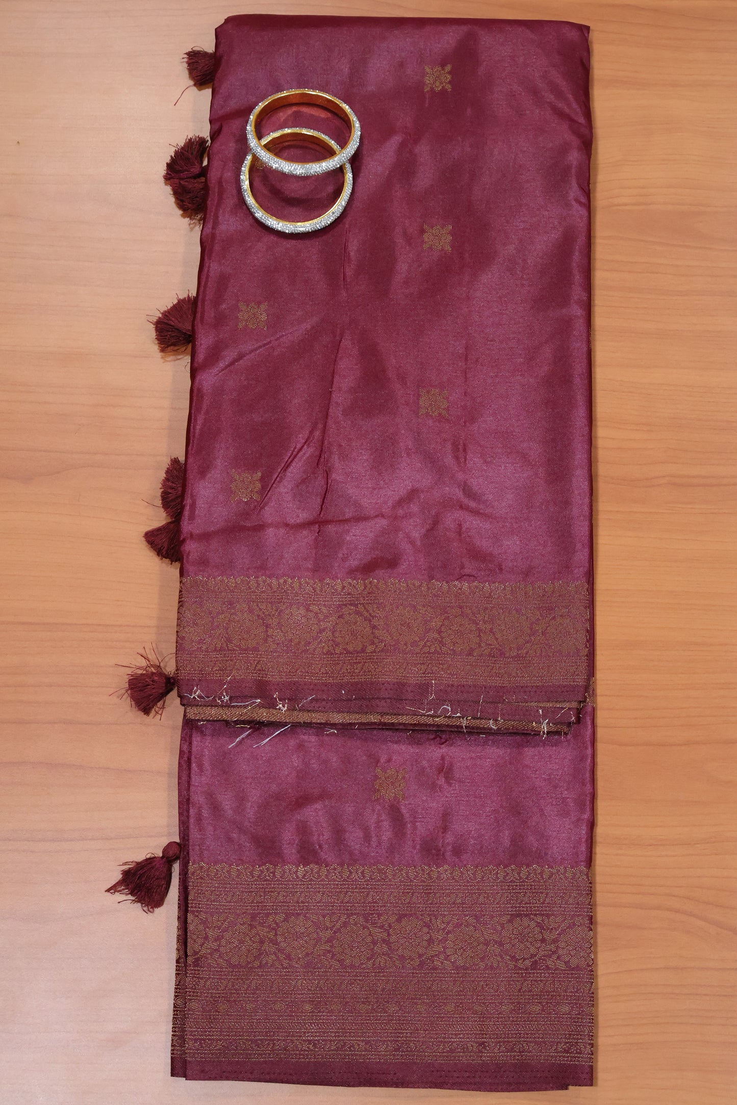 Semi Katan Silk Saree- Wine Leaf Flower