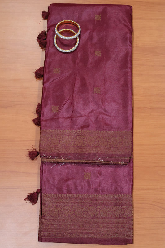 Semi Katan Silk Saree- Wine Leaf Flower