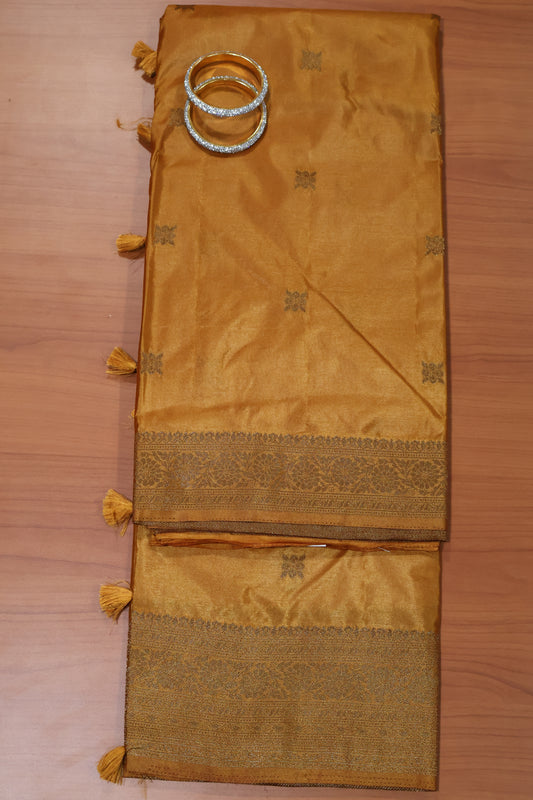 Semi Katan Silk Saree-Mustard Leaf Flower