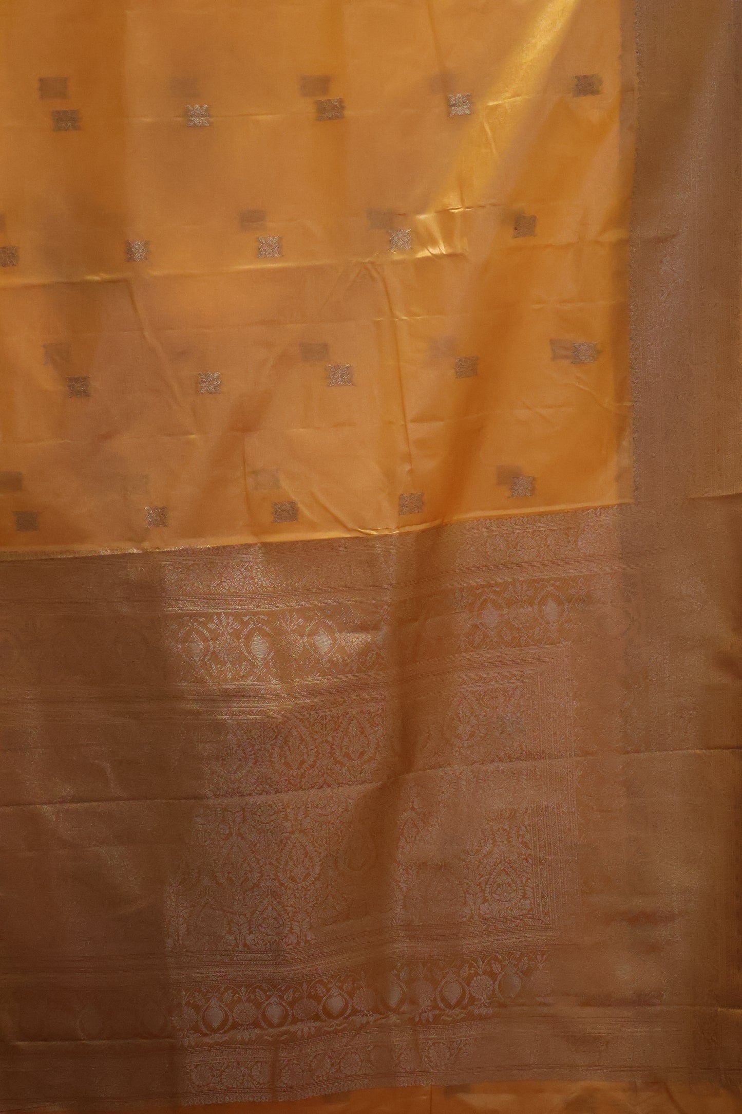 Semi Katan Silk Saree-Mustard Leaf Flower