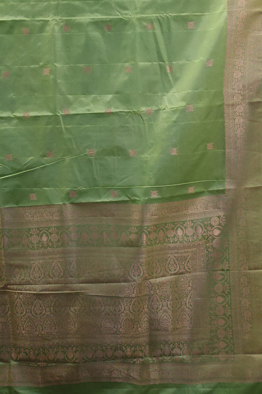 Semi Katan Silk Saree-Olive Green Leaf Flower