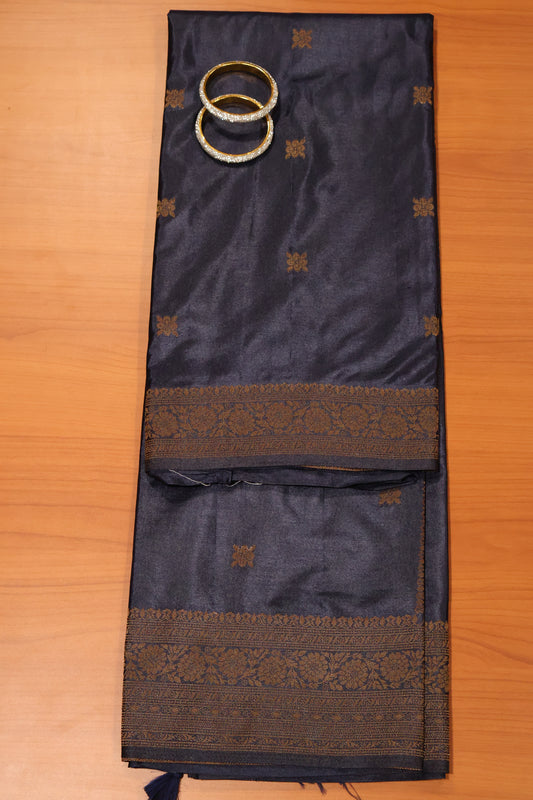 Kathan Silk Saree-Navy Blue Leaf Flower
