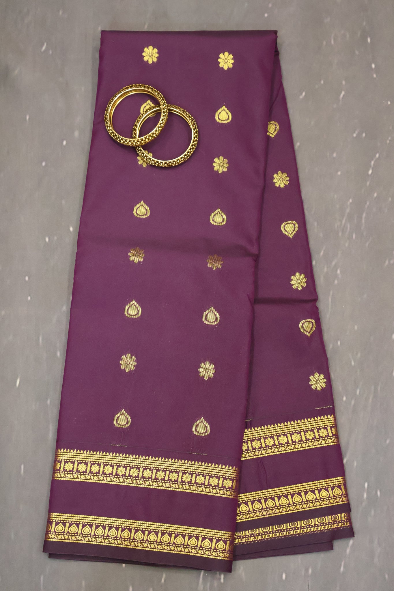 Semi Kanchipuram Silk Saree -Dark Purple Leaf Buta