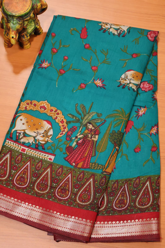 Malai Cotton Saree-Green Pichwai Print