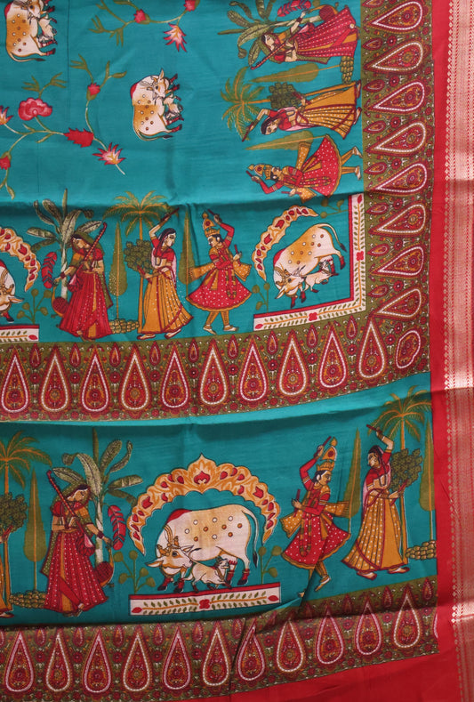 Malai Cotton Saree-Green Pichwai Print