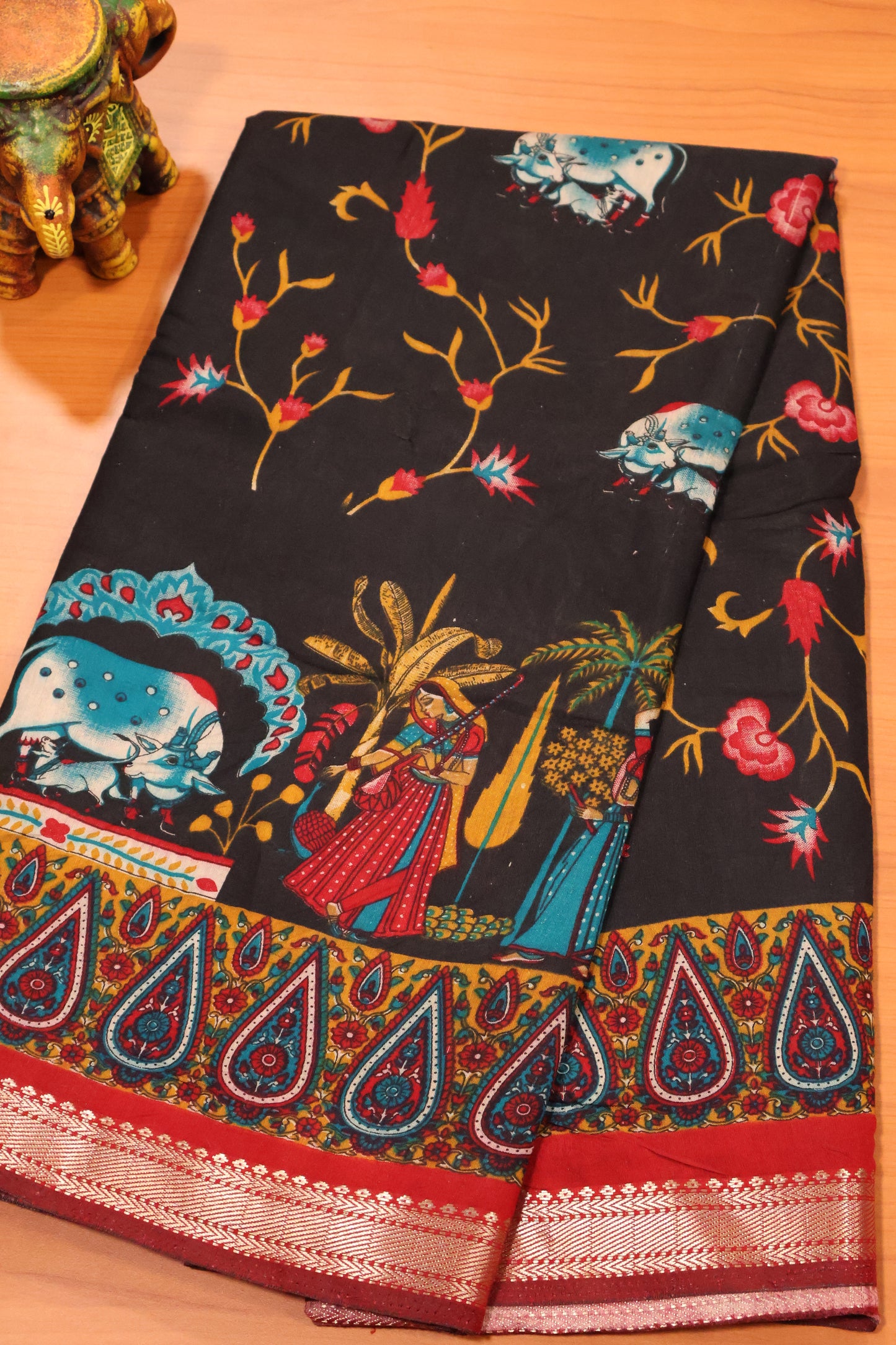 Malai Cotton Saree-Black Pichwai Print