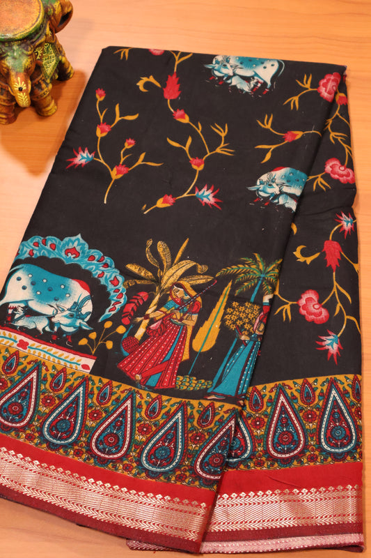 Malai Cotton Saree-Black Pichwai Print