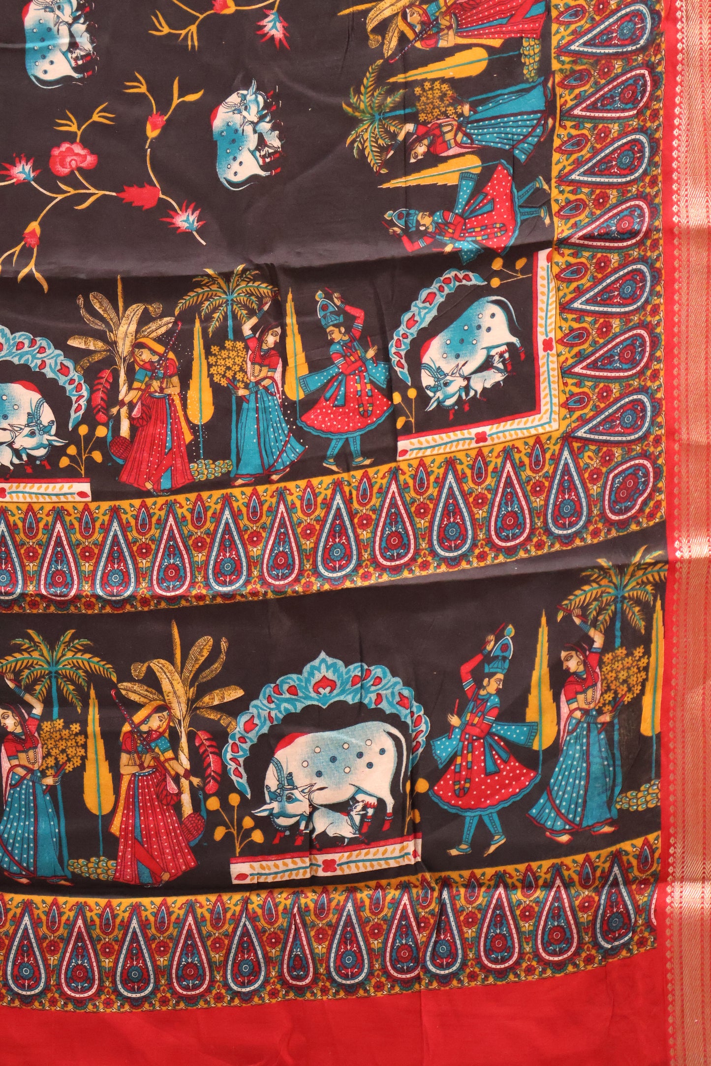Malai Cotton Saree-Black Pichwai Print