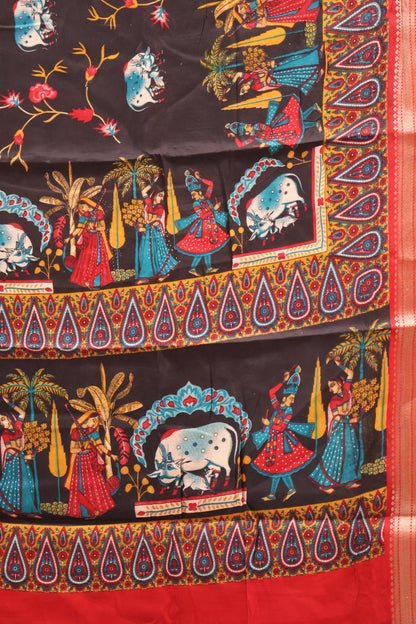 Malai Cotton Saree-Black Pichwai Print