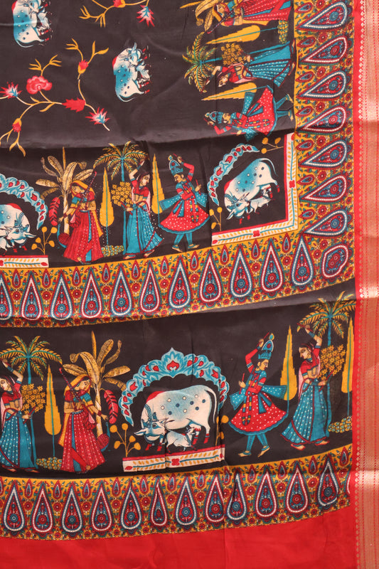 Malai Cotton Saree-Black Pichwai Print