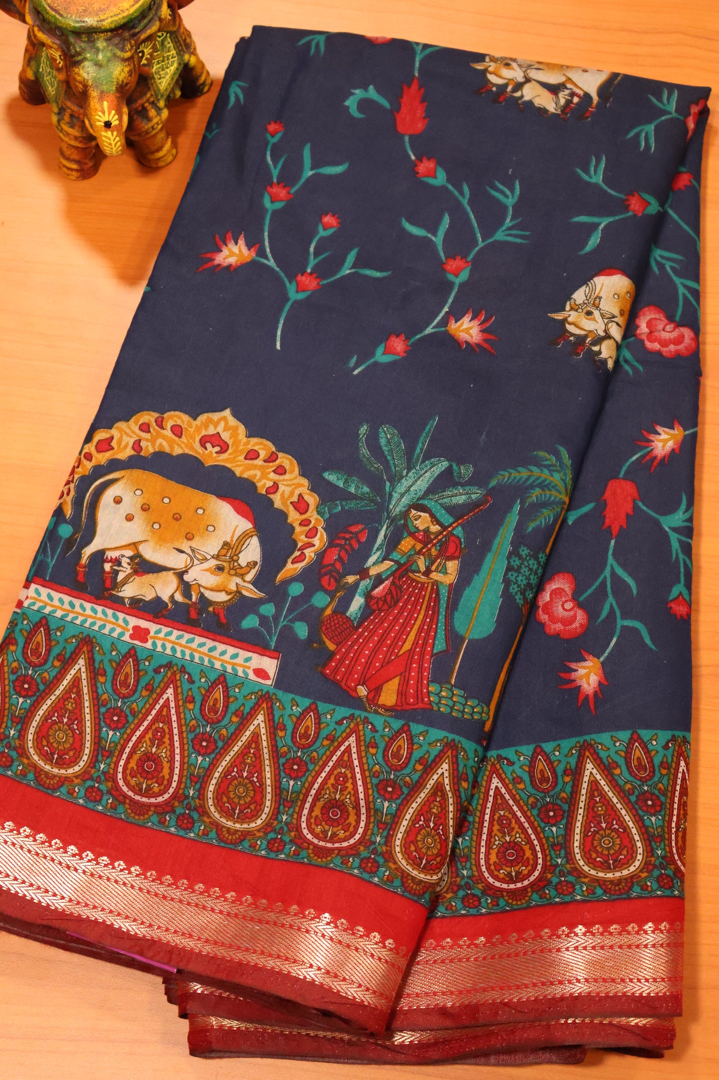 Malai Cotton Saree-Blue Pichwai Print