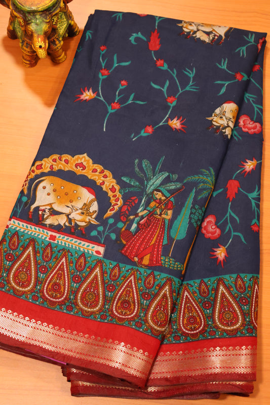 Malai Cotton Saree-Blue Pichwai Print