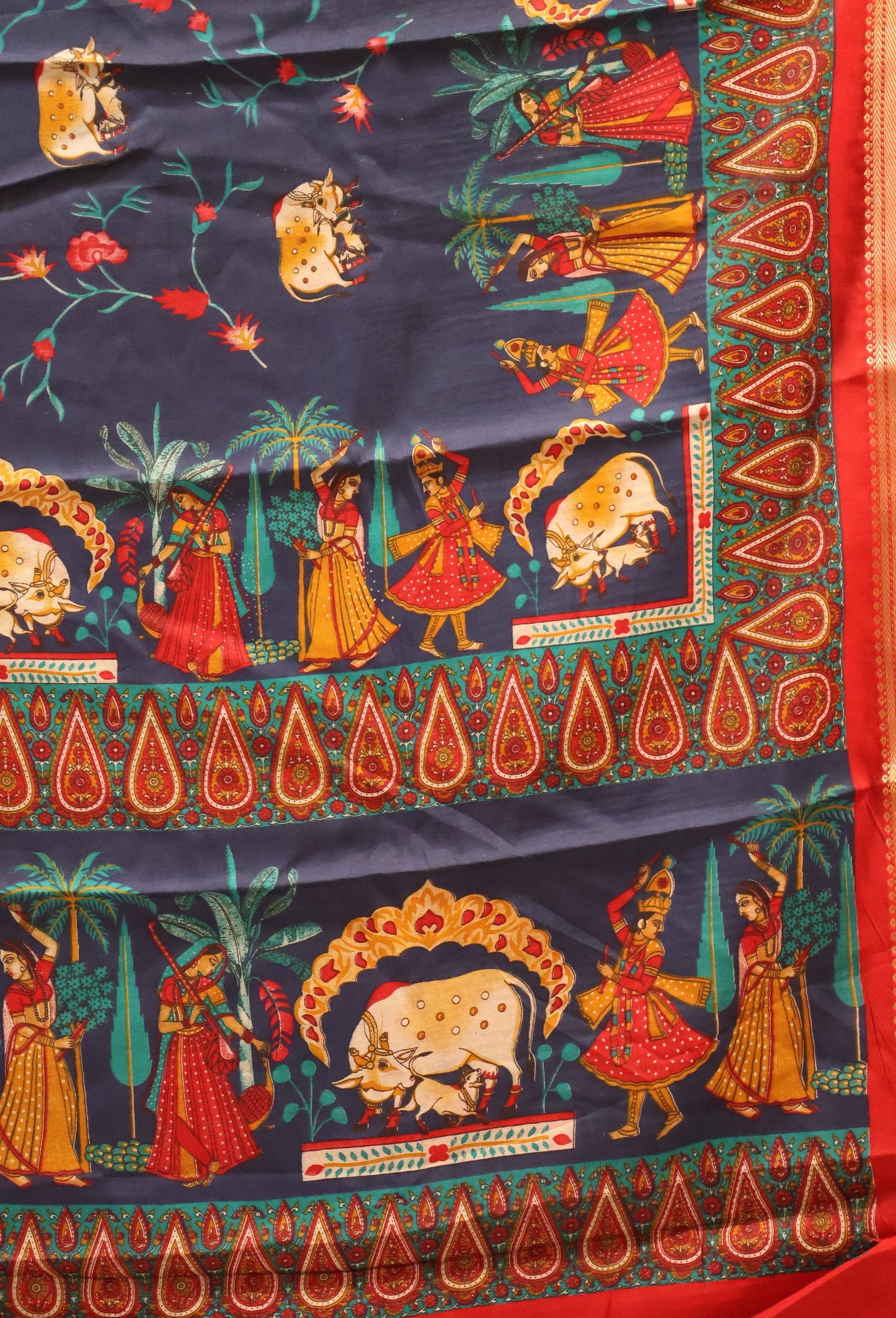 Malai Cotton Saree-Blue Pichwai Print